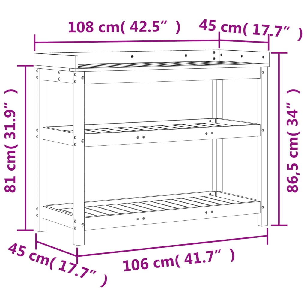 Sodinimo stalas su lentynomis, baltas, 108x45x86,5cm, pušis Sodinimo stalas su lentynomis, baltas, 108x45x86,5cm, pušis
