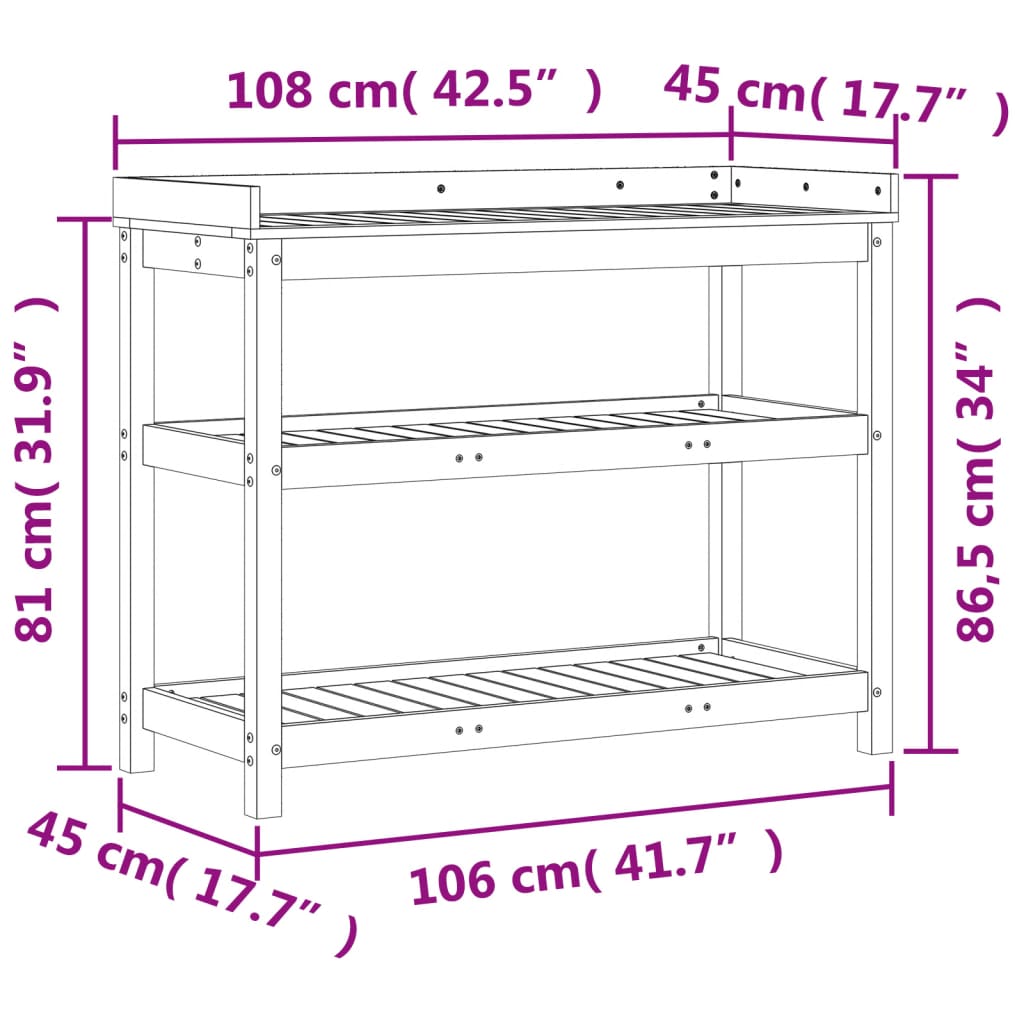 Sodinimo stalas su lentynomis, 108x45x86,5cm, impregnuota pušis Sodinimo stalas su lentynomis, 108x45x86,5cm, impregnuota pušis