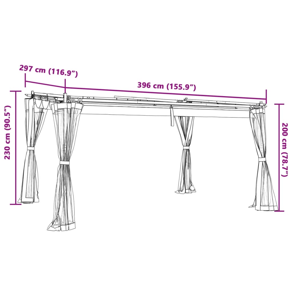 Pavėsinė su tinklinėmis sienelėmis, antracito, 4x3m, plienas Pavėsinė su tinklinėmis sienelėmis, antracito, 4x3m, plienas