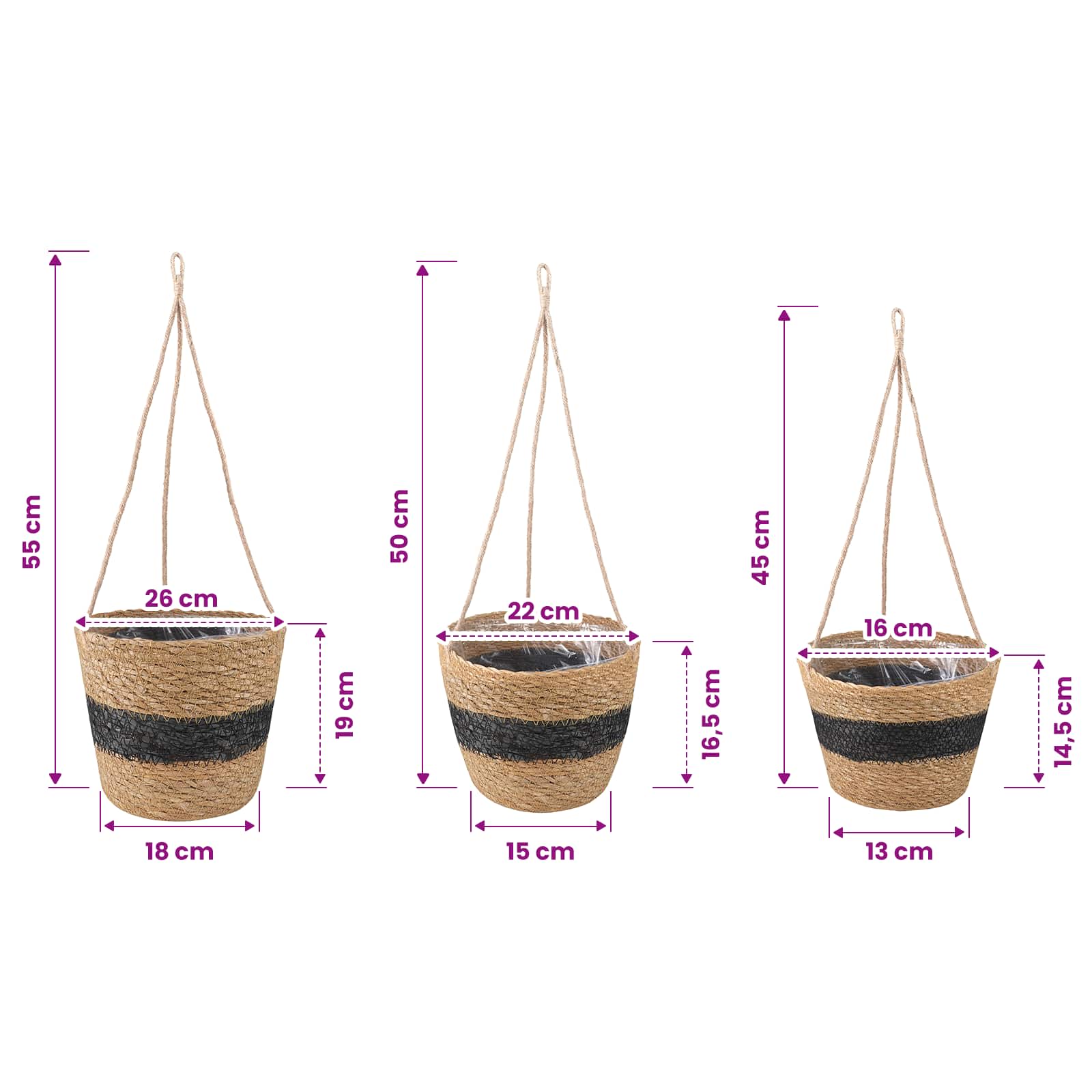 3 vnt. Natūrali ir juoda Ø26 x 19 cm 100% Jūros žolė 3 vnt. Natūrali ir juoda Ø26 x 19 cm 100% Jūros žolė