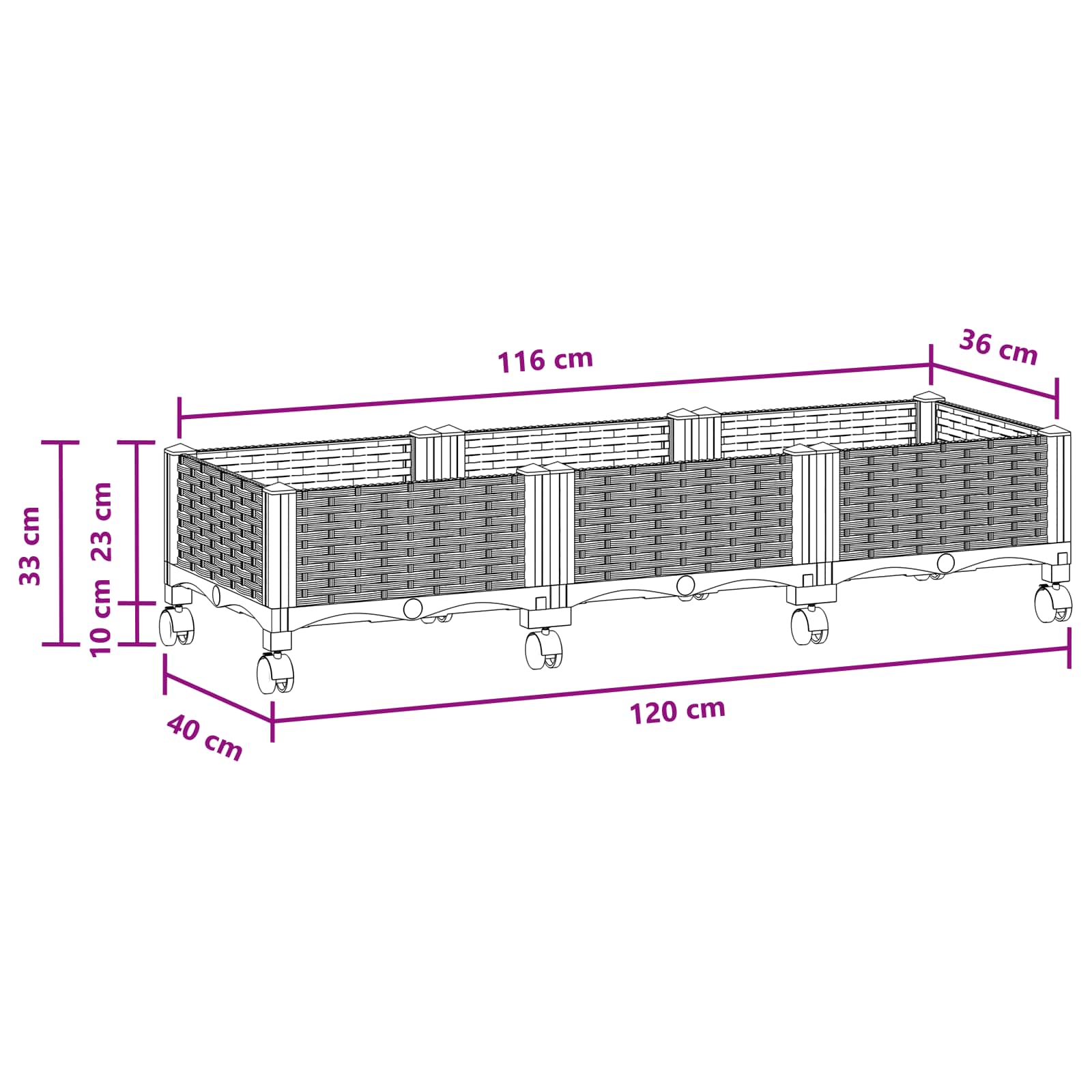 Sodo puodynė su ratukais Juoda 120 x 40 x 29 cm PP Sodo puodynė su ratukais Juoda 120 x 40 x 29 cm PP