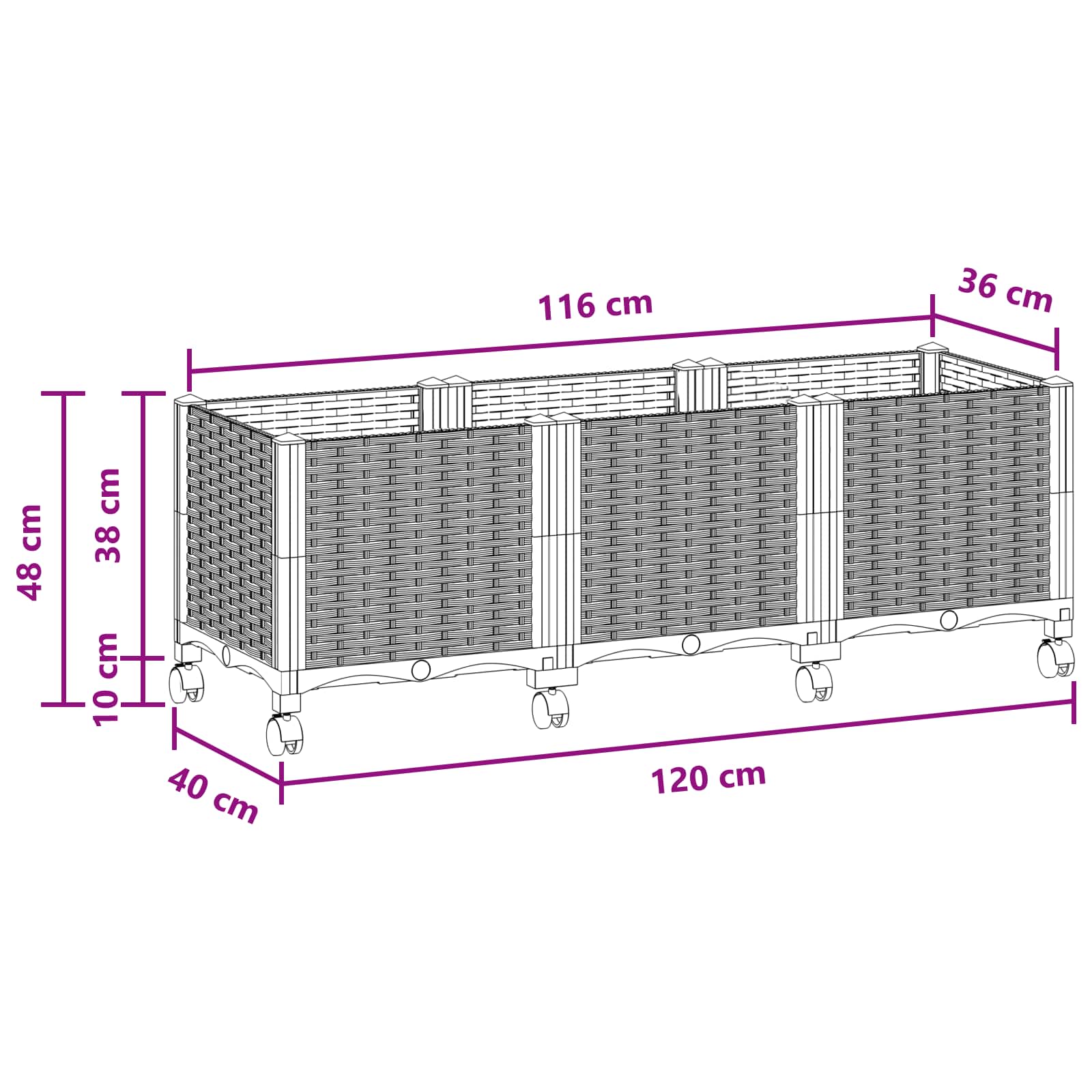 Sodo puodynė su ratukais Juoda 120 x 40 x 44 cm PP Sodo puodynė su ratukais Juoda 120 x 40 x 44 cm PP