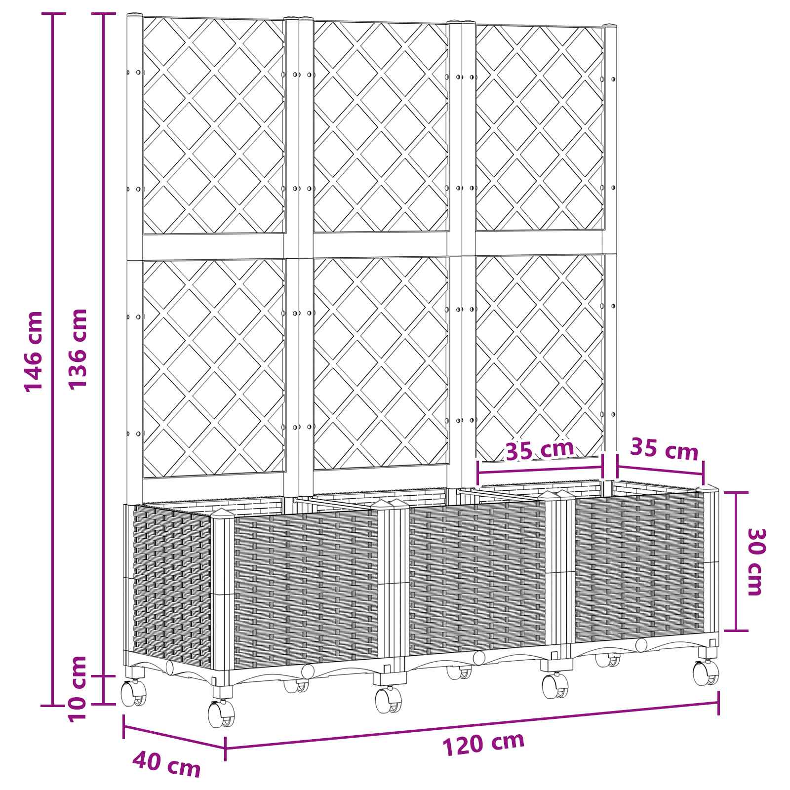 Sodo vazonas su treliu ir ratais Balta 120 x 40 x 146 cm PP Sodo vazonas su treliu ir ratais Balta 120 x 40 x 146 cm PP