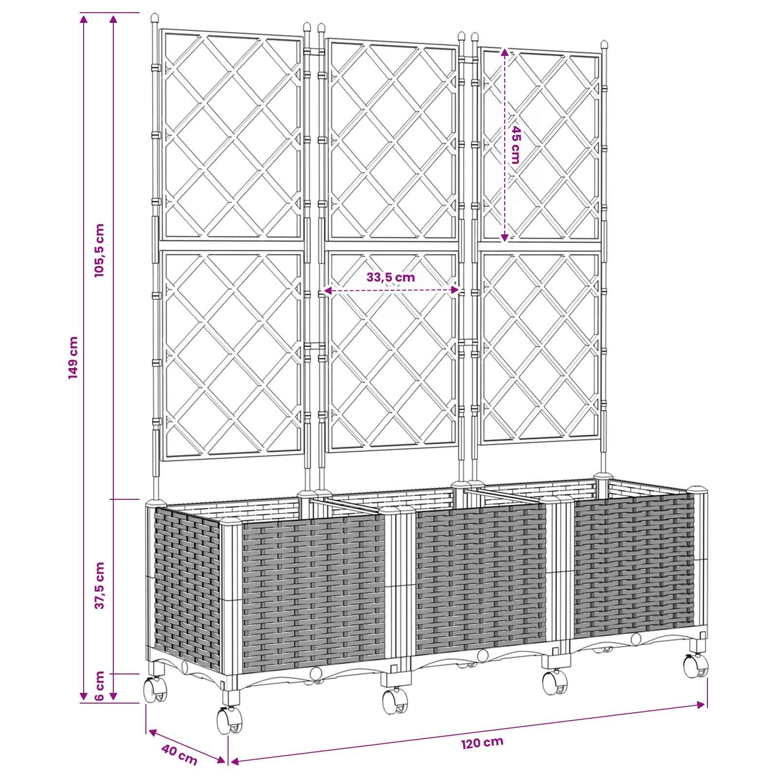 Sodo vazonas su treliu ir ratais 3 vnt. Ruda 120 x 40 x 149 cm Sodo vazonas su treliu ir ratais 3 vnt. Ruda 120 x 40 x 149 cm