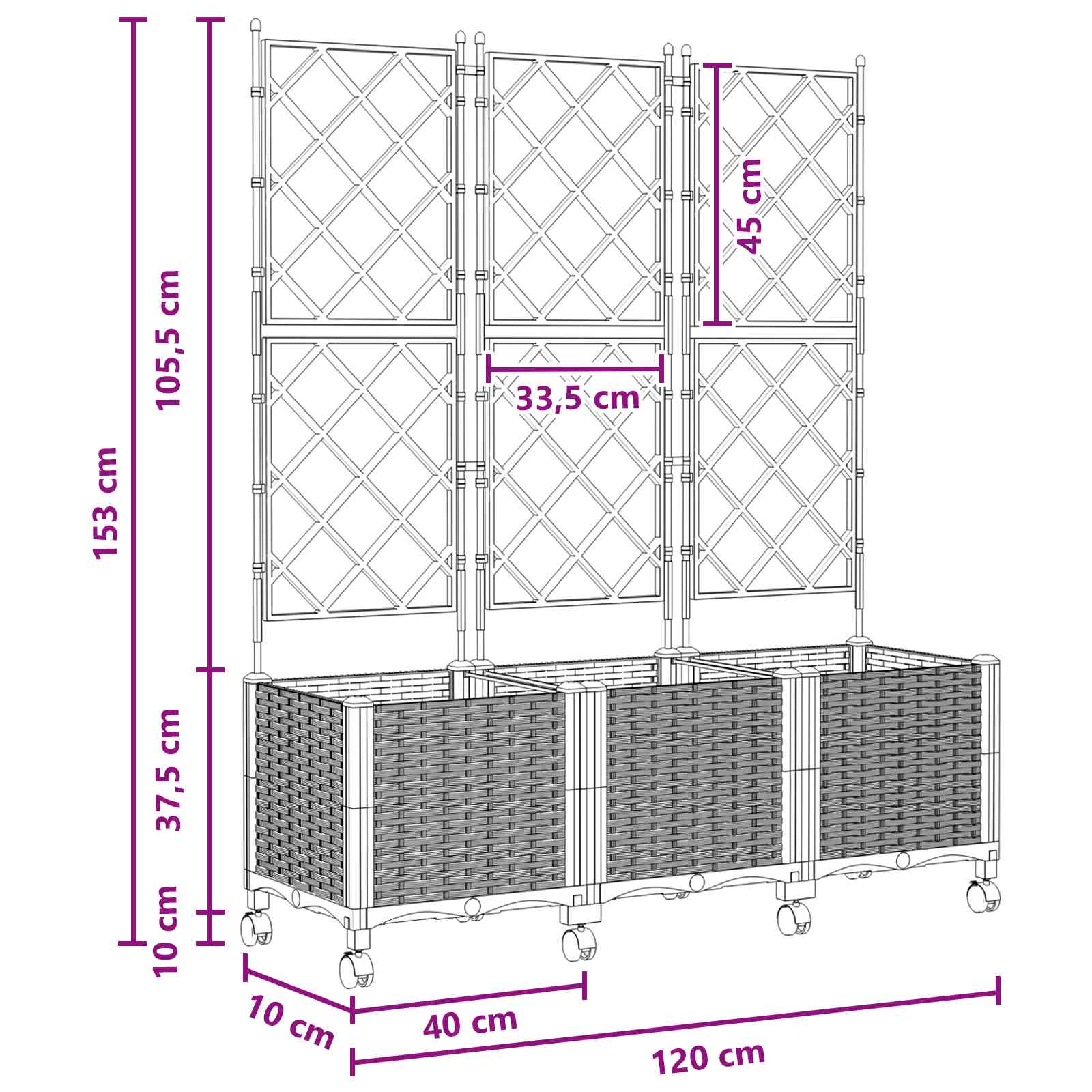 Sodo vazonas su treliu ir ratais 3 vnt. Balta 120 x 40 x 149 cm Sodo vazonas su treliu ir ratais 3 vnt. Balta 120 x 40 x 149 cm