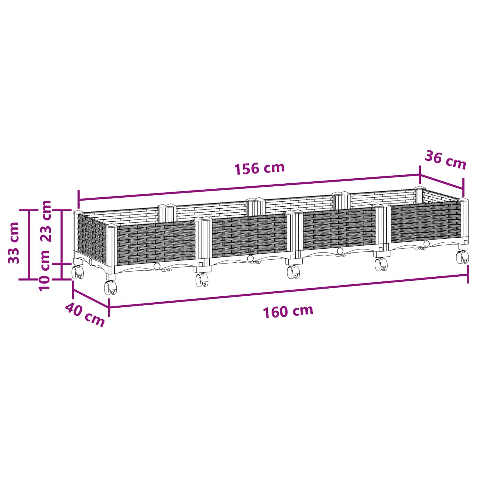 Sodo puodynė su ratukais Juoda 160 x 40 x 29 cm PP Sodo puodynė su ratukais Juoda 160 x 40 x 29 cm PP