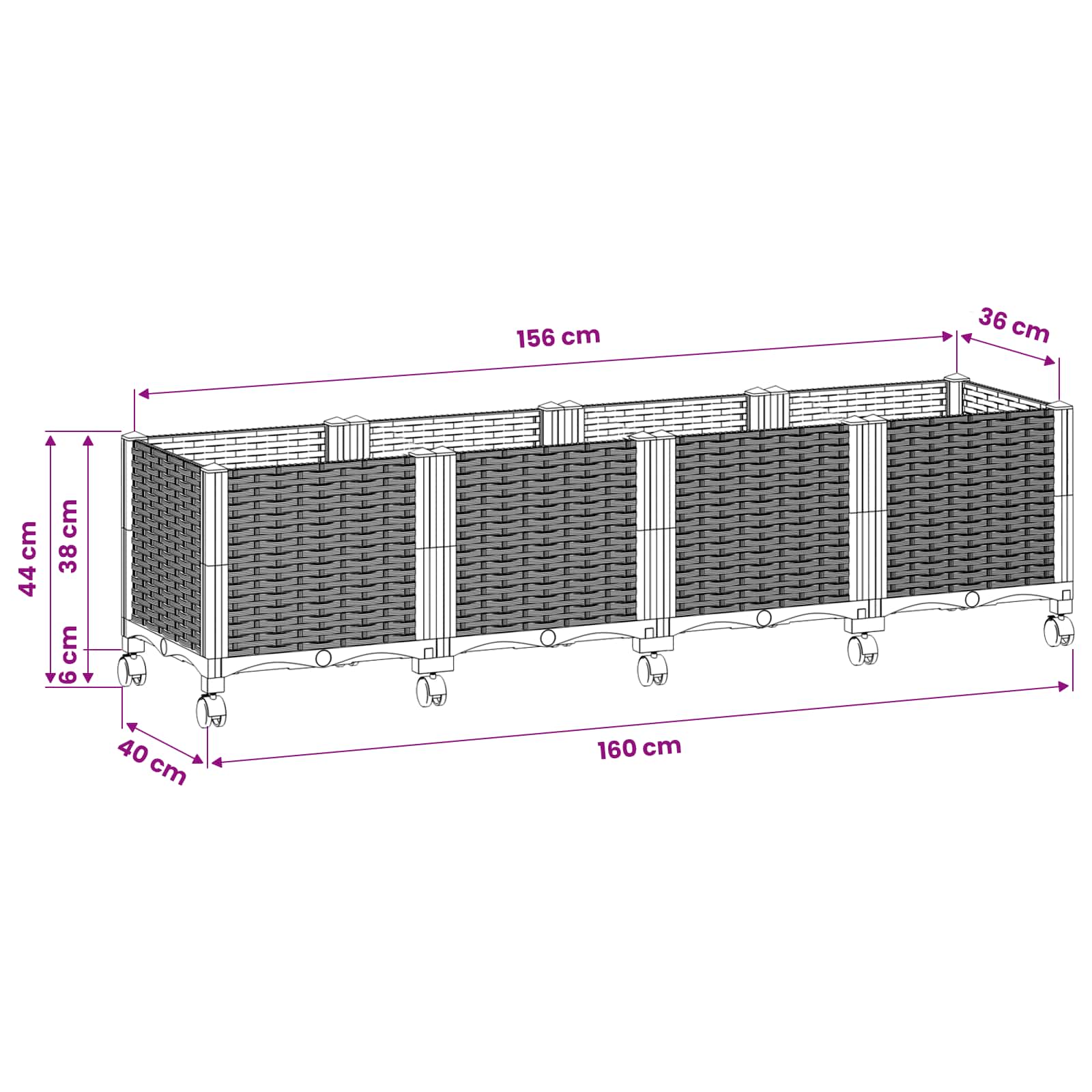 Sodo puodynė su ratukais Juoda 160 x 40 x 44 cm PP Sodo puodynė su ratukais Juoda 160 x 40 x 44 cm PP